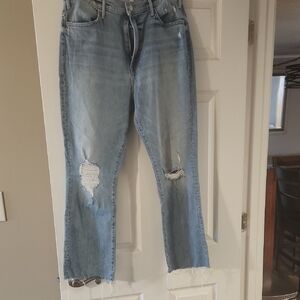 MOTHER Light Blue Distressed Straight Leg Jeans